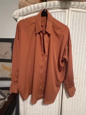 Tie-Neck Rust Blouse with Keyhole Detail - Women Tops